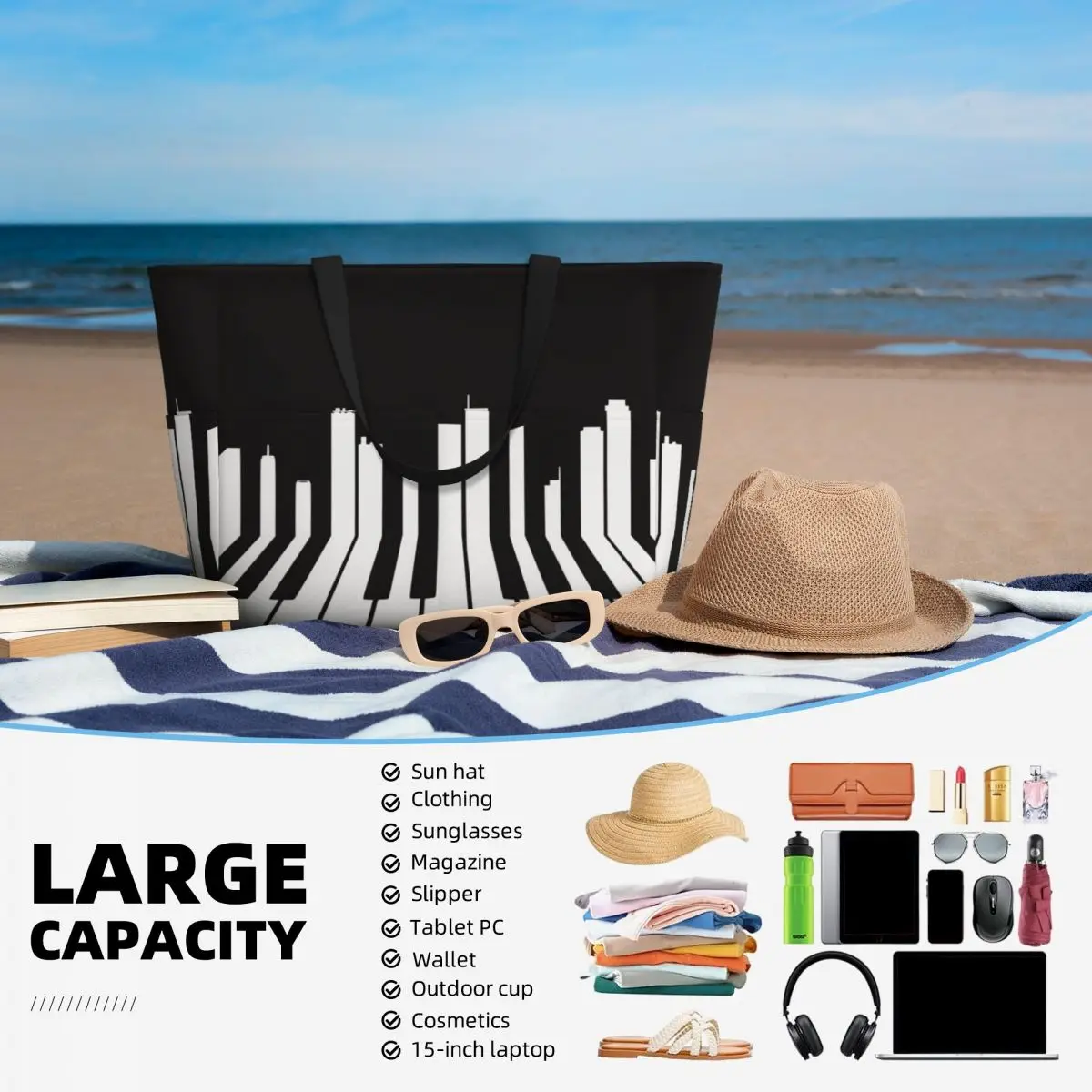 Piano City Music Beach Tote Ba - Yoga Fitness Music recensie en prijs